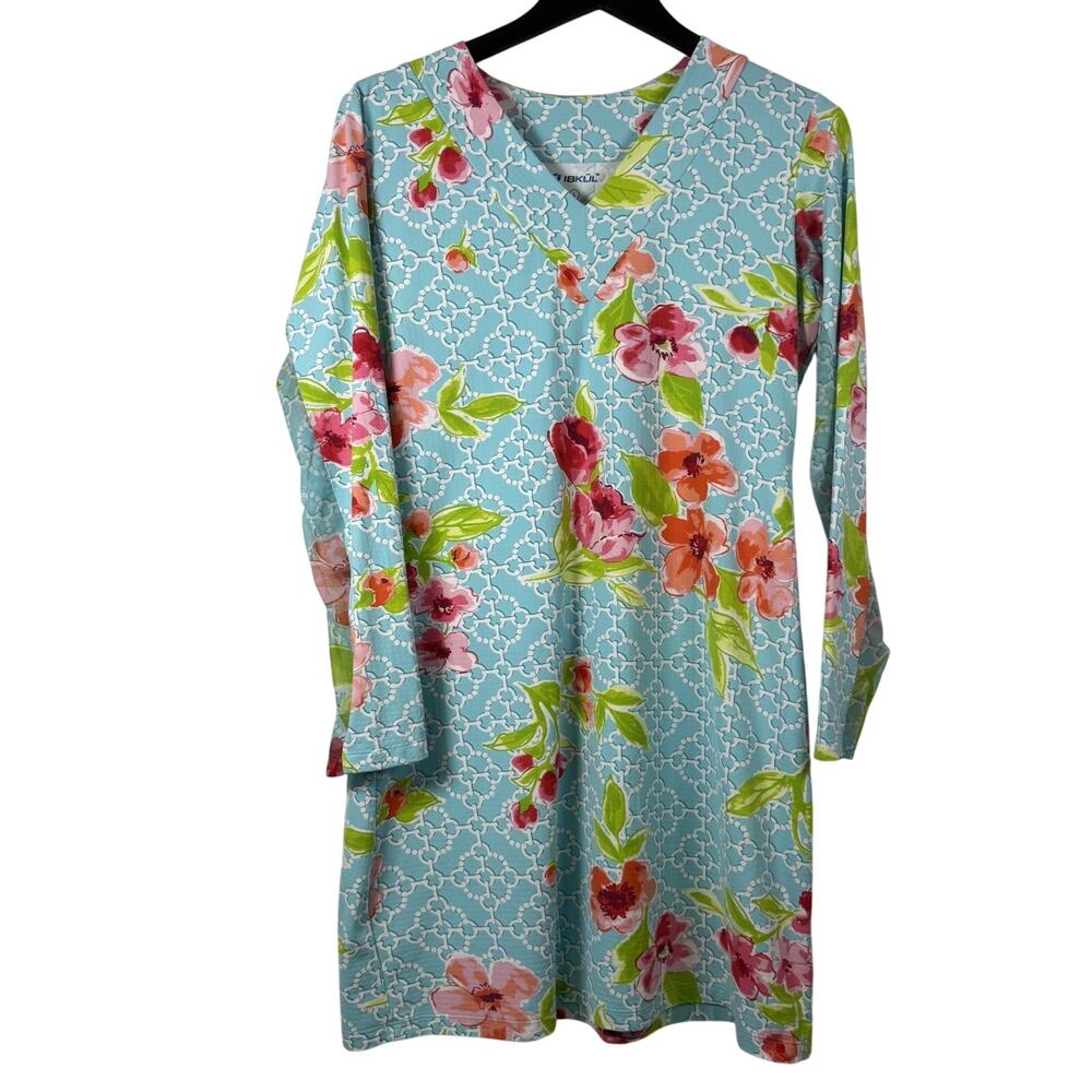 Ibkul Athleisure Dress Women's Large Blue Chain Floral UPF 50 Long Mesh Sleeves